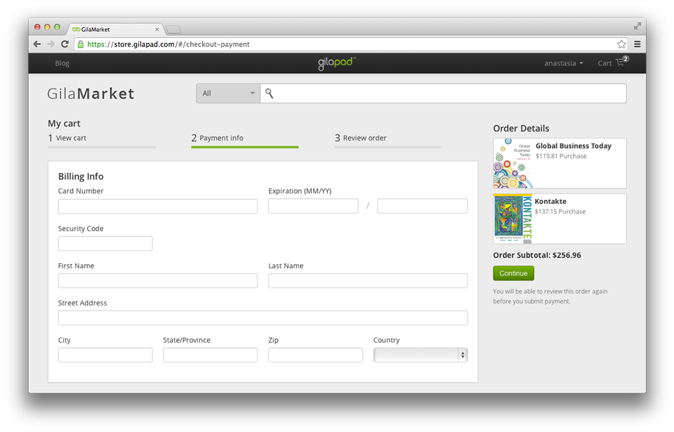GilaMarket: checkout process